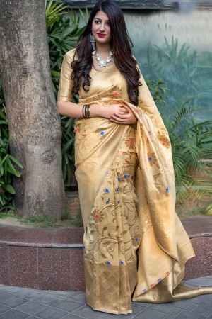 Gorgeous Golden Banarasi Silk Jaquard Work Designer Saree With Banglori Silk Blouse