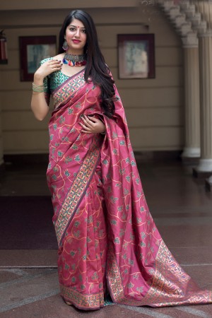 Charming Pink Banarasi Silk Jaquard Work Designer Saree With Banglori Silk Blouse