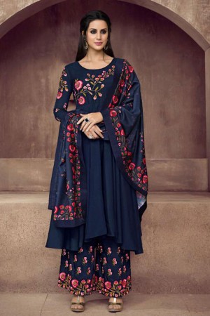 Pretty Navy Blue Maslin Embroidered Plazo Salwar Suit With Maslin Dupatta