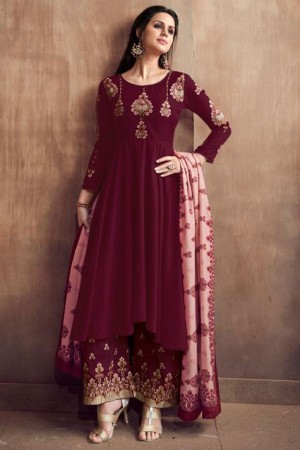 Excellnet Maroon Maslin Embroidered Plazo Salwar Suit With Maslin Dupatta