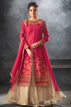 Lovely Pink Silk Embroidered Anarkali Salwar Suit With Chiffon Dupatta