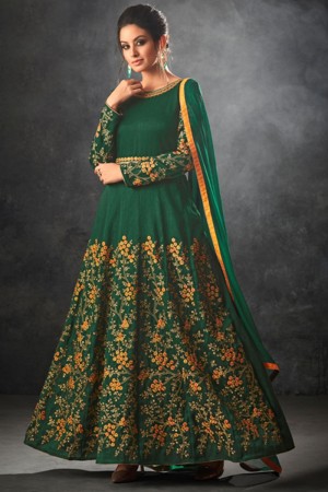 Beautiful Green Silk Embroidered Anarkali Salwar Suit With Chiffon Dupatta
