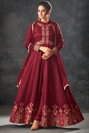Stylish Maroon Silk Embroidered Anarkali Salwar Suit With Chiffon Dupatta