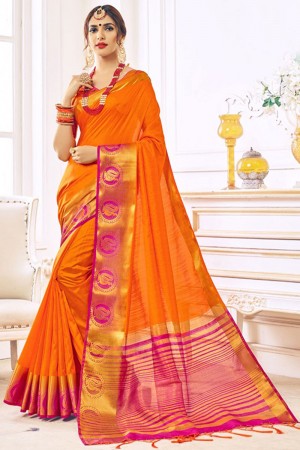 Gorgeous Orange Silk Jaquard Work Saree With Silk Blouse