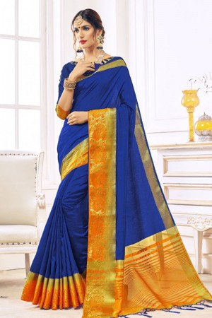 Stylish Blue Silk Jaquard Work Saree With Silk Blouse