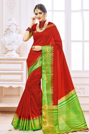 Graceful Red Silk Jaquard Work Saree With Silk Blouse