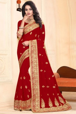 Stylish Red Faux Georgette Embroidered Designer Saree With Georgette Blouse