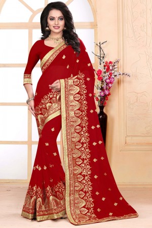 Pretty Red Faux Georgette Embroidered Saree With Georgette Blouse
