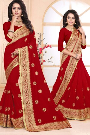 Lovely Red Faux Georgette Embroidered Designer Saree With Georgette Blouse