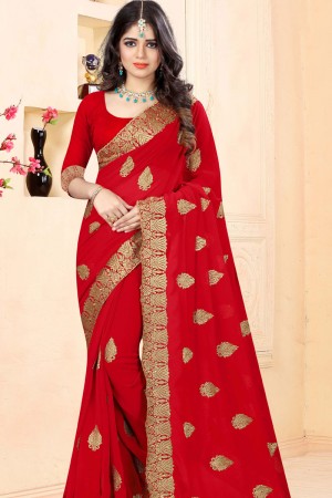 Supreme Red Faux Georgette Embroidered Designer Saree With Georgette Blouse