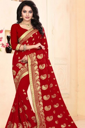 Ultimate Red Faux Georgette Embroidered Designer Saree With Georgette Blouse