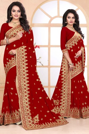 Optimum Red Faux Georgette Embroidered Designer Saree With Georgette Blouse