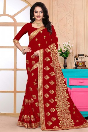 Admirable Red Faux Georgette Embroidered Saree With Georgette Blouse