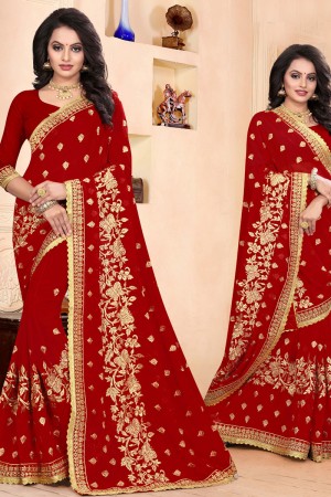 Classic Red Faux Georgette Embroidered Designer Saree With Georgette Blouse
