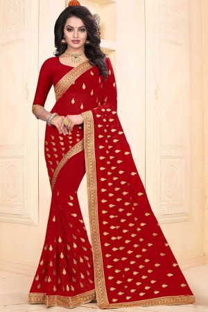 Graceful Red Faux Georgette Embroidered Designer Saree With Georgette Blouse