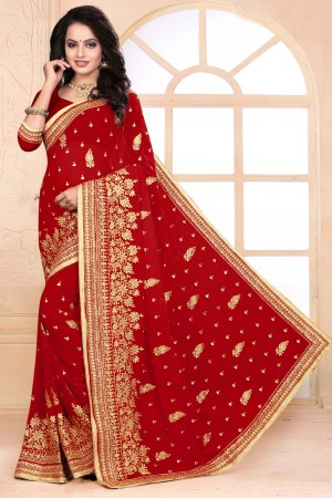 Excellent Red Faux Georgette Embroidered Designer Saree With Georgette Blouse