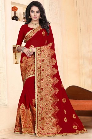 Desirable Red Faux Georgette Embroidered Saree With Georgette Blouse