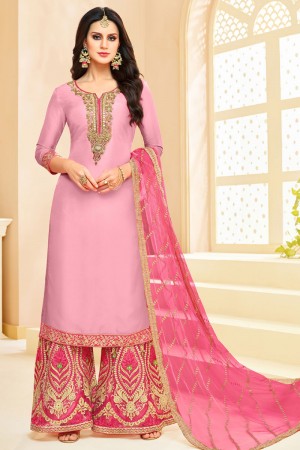 Stylish Pink Silk Embroidered Designer Plazo Salwar Suit