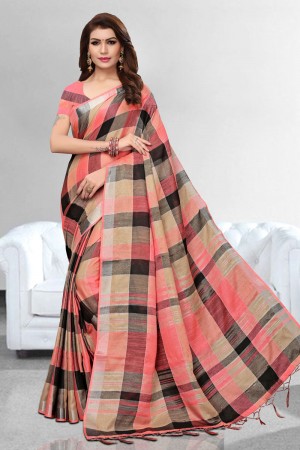 Beautiful Peach Linen Printed Casual Saree With Linen Blouse