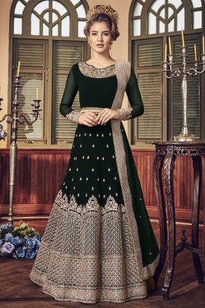 Desirable Green Georgette Embroidered Designer Anarakali Salwar Suit With Chiffon Dupatta