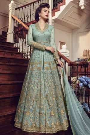 Gorgeous Turquoise Net Embroidered Designer Anarakali Salwar Suit With Net Dupatta