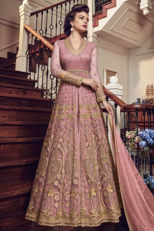 Graceful Peach Net Embroidered Designer Anarakali Salwar Suit With Net Dupatta