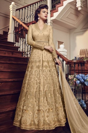 Lovely Golden Net Embroidered Designer Anarakali Salwar Suit With Net Dupatta