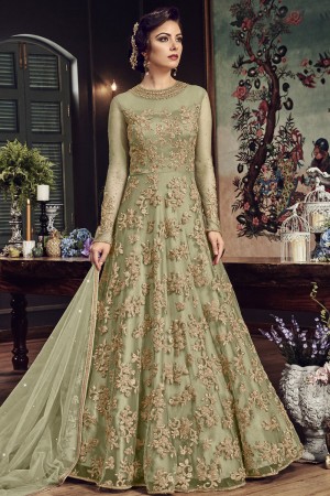 Pretty Green Net Embroidered Designer Anarakali Salwar Suit With Net Dupatta