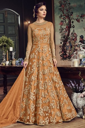 Stylish Orange Net Embroidered Designer Anarakali Salwar Suit With Net Dupatta