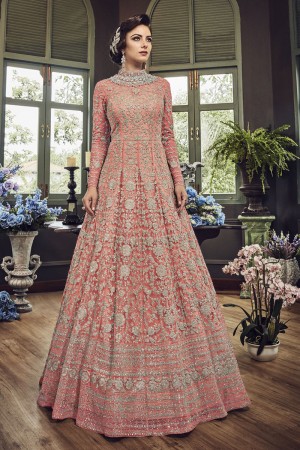 Beautiful Pink Net Embroidered Designer Anarakali Salwar Suit With Net Dupatta