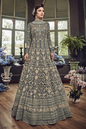 Stylish Grey Net Embroidered Designer Anarakali Salwar Suit With Net Dupatta