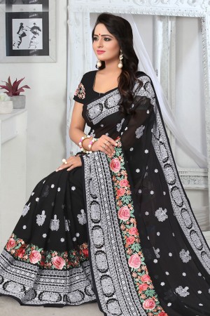 Excellent Black Georgette Embroidered Designer Saree With Georgette Blouse
