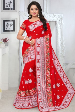 Gorgeous Red Georgette Embroidered Designer Saree With Georgette Blouse