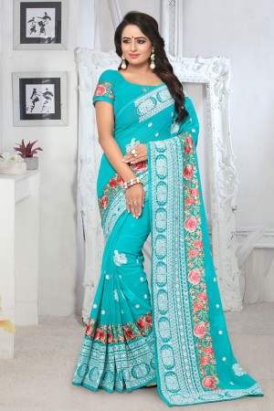 Admirable Sky Blue Georgette Embroidered Designer Saree With Georgette Blouse