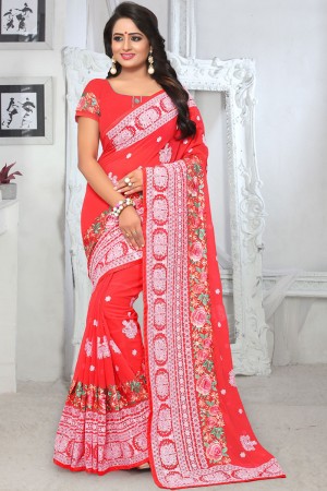 Pretty Red Georgette Embroidered Designer Saree With Georgette Blouse