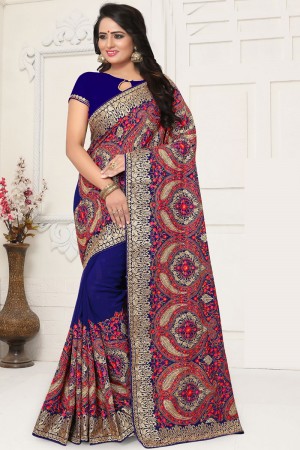 Stylish Blue Georgette Embroidered Designer Saree With Georgette Blouse