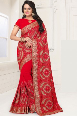 Ultimate Red Georgette Embroidered Designer Saree With Georgette Blouse