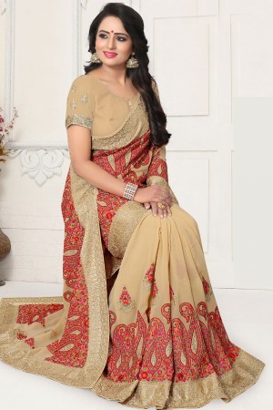 Classic Cream Georgette Embroidered Designer Saree With Georgette Blouse