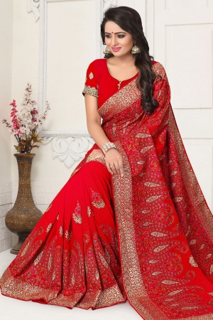 Lovely Red Georgette Embroidered Saree With Georgette Blouse