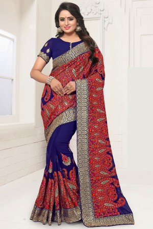 Pretty Blue Georgette Embroidered Designer Saree With Georgette Blouse
