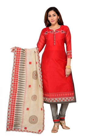 Pretty Red Chanderi Embroidered Designer Salwar Suit