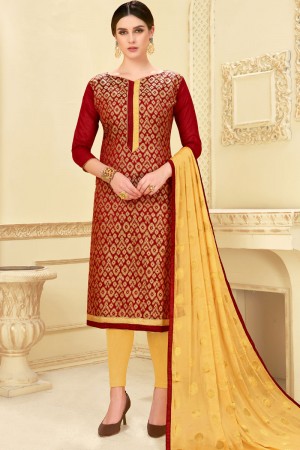 Gorgeous Maroon Banarasi Silk Jaquard Work Casual Plazo Salwar Suit With Nazmin Dupatta