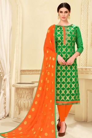Beautiful Green Banarasi Silk Jaquard Work Casual Plazo Salwar Suit With Nazmin Dupatta