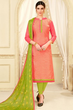 Admirable Pink Banarasi Silk Jaquard Work Casual Plazo Salwar Suit With Nazmin Dupatta