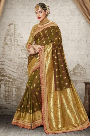 Classic Mehendi Green Silk Jaquard Work Designer Saree With Banglori Silk Blouse