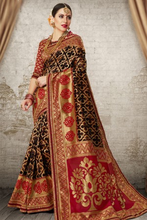 Excellent Black and Red Designer Silk Jaquard Work Saree With Banglori Silk Blouse