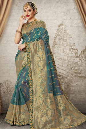 Beautiful Aqua Silk Jaquard Work Designer Saree With Banglori Silk Blouse