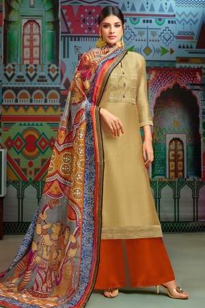 Desirable Golden Cotton Embroidered Designer Plazo Salwar Suit With Chanderi Dupatta