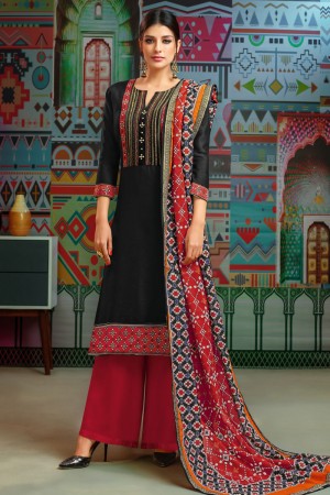 Excellent Black Cotton Embroidered Designer Plazo Salwar Suit With Chanderi Dupatta