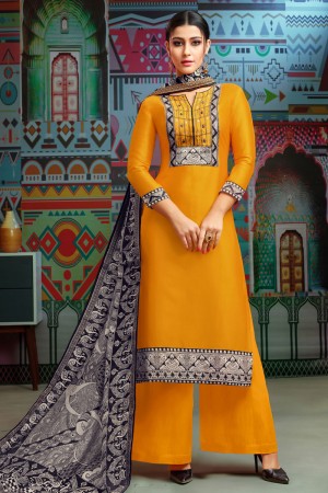 Ultimate Yellow Cotton Embroidered Designer Plazo Salwar Suit With Chanderi Dupatta